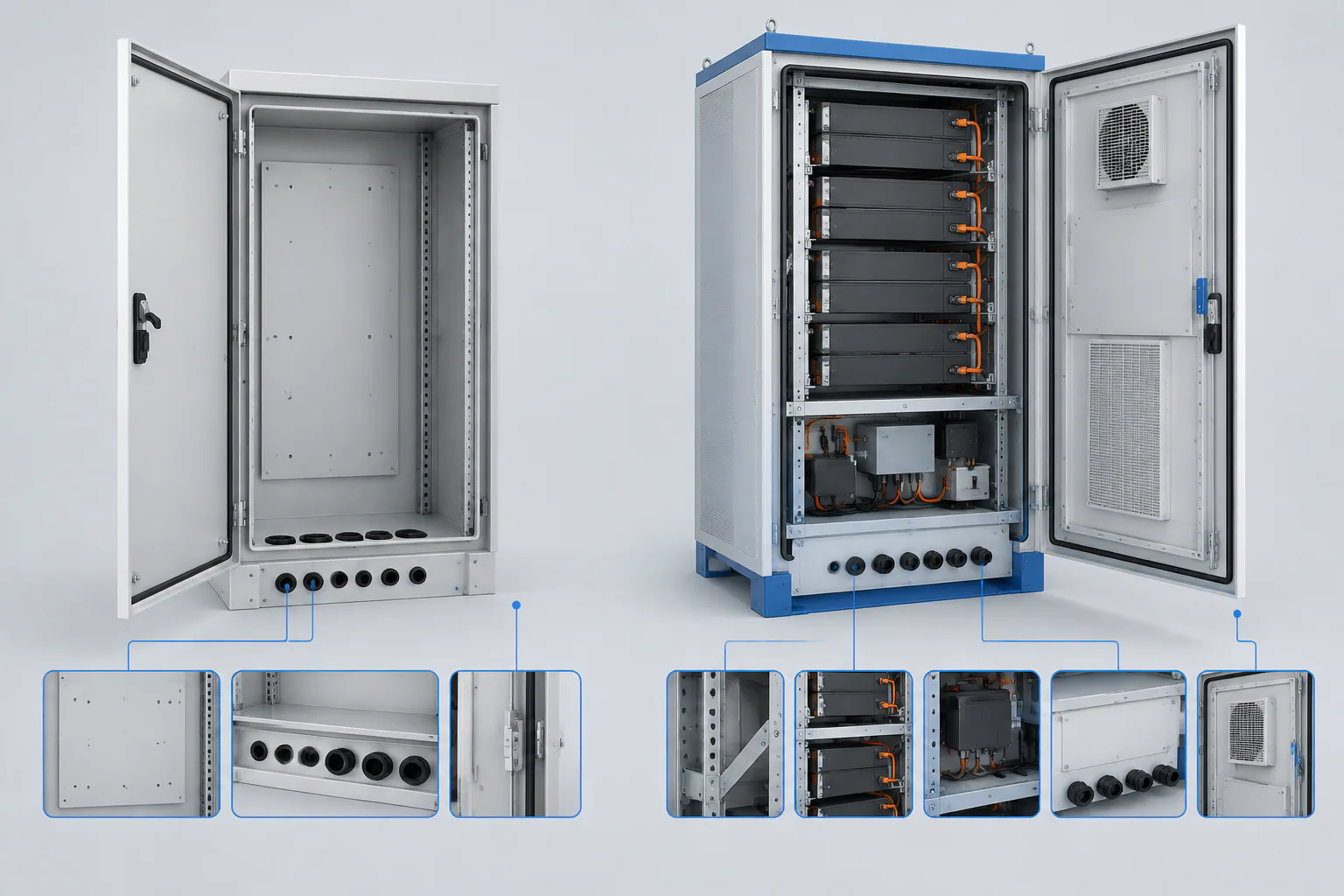 Side-by-side comparison of a standard electrical enclosure and a custom battery cabinet