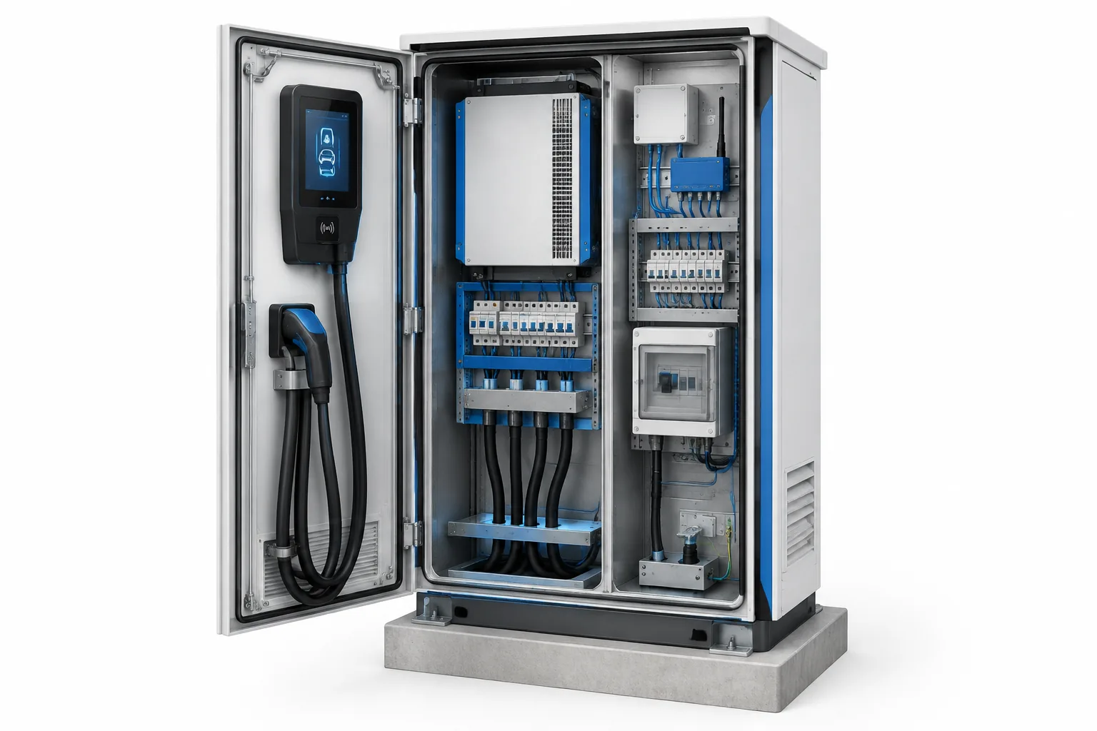 Illustrated cutaway of an EV charging cabinet with electrical and cable compartments