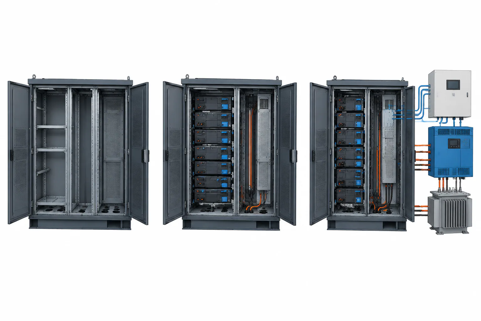 Three battery cabinet scope levels: empty enclosure, equipped cabinet and integrated system