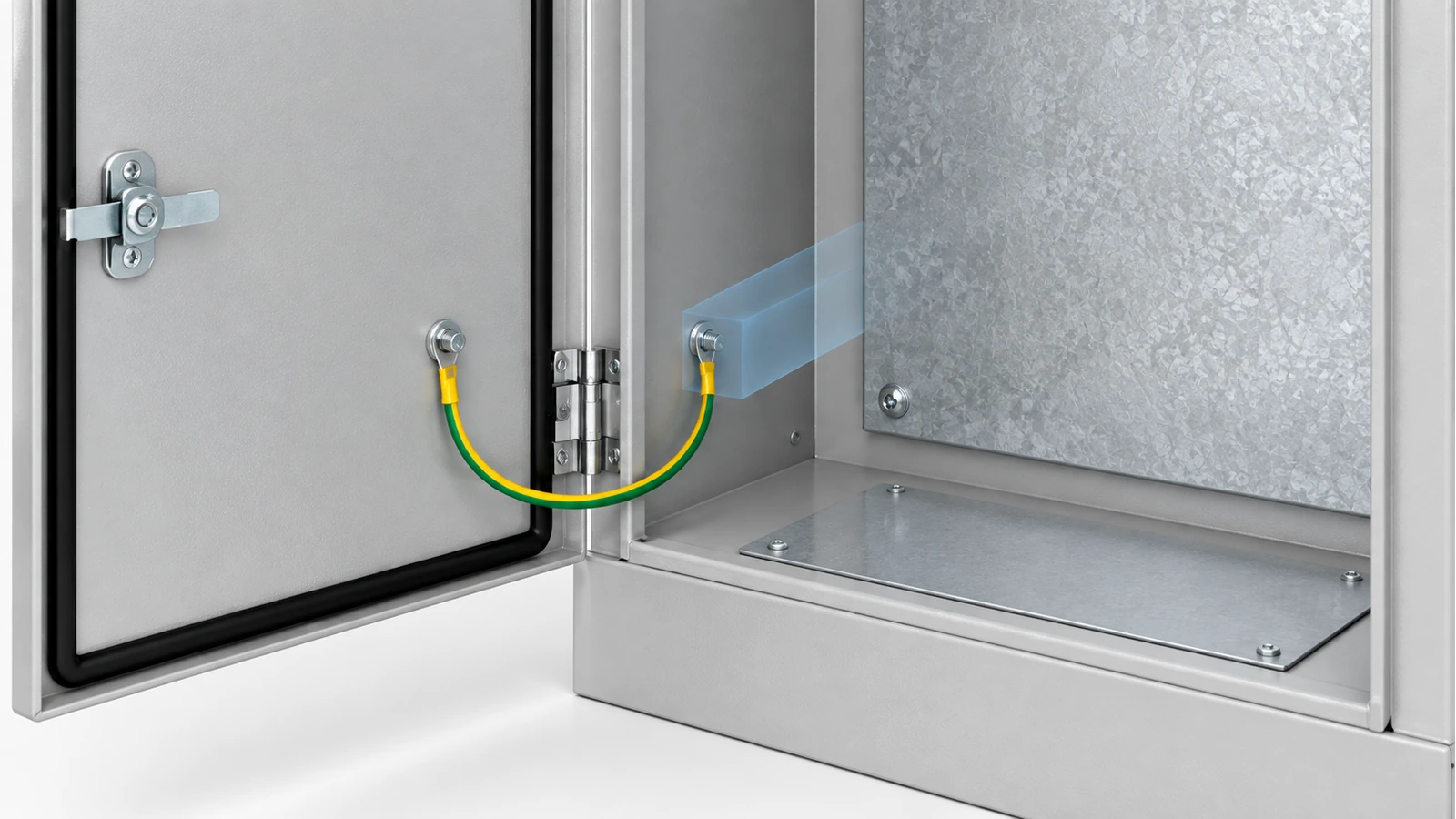 Cabinet body bonding provision beside an installed mounting plate with space reserved for access.