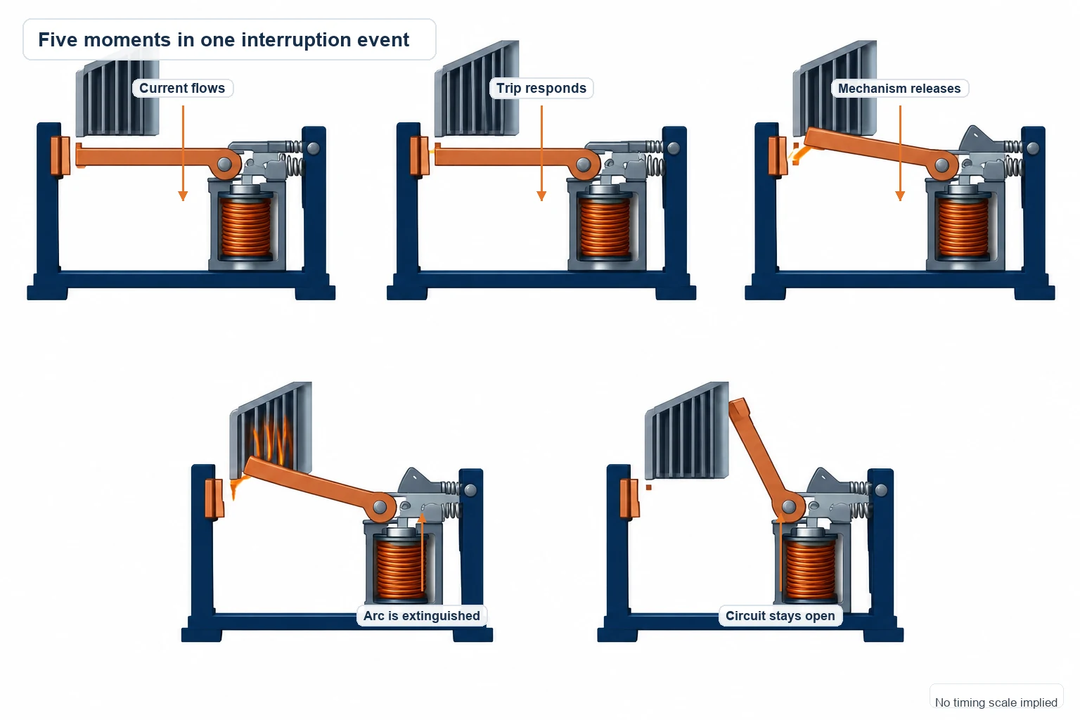 Five successive breaker states showing detection, mechanism release, contact separation, and interruption.