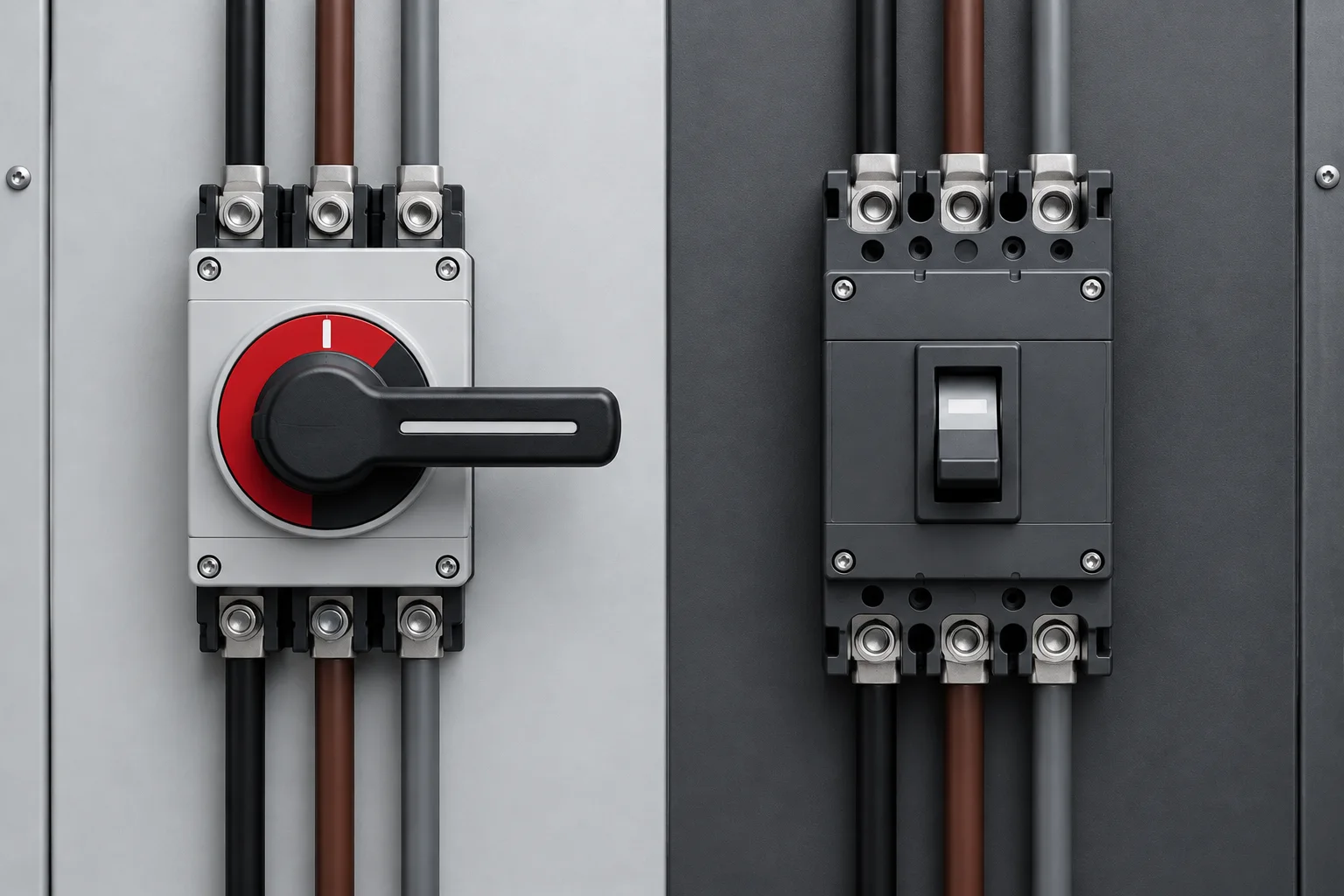 Illustrated comparison of a rotary disconnect switch and a molded-case circuit breaker