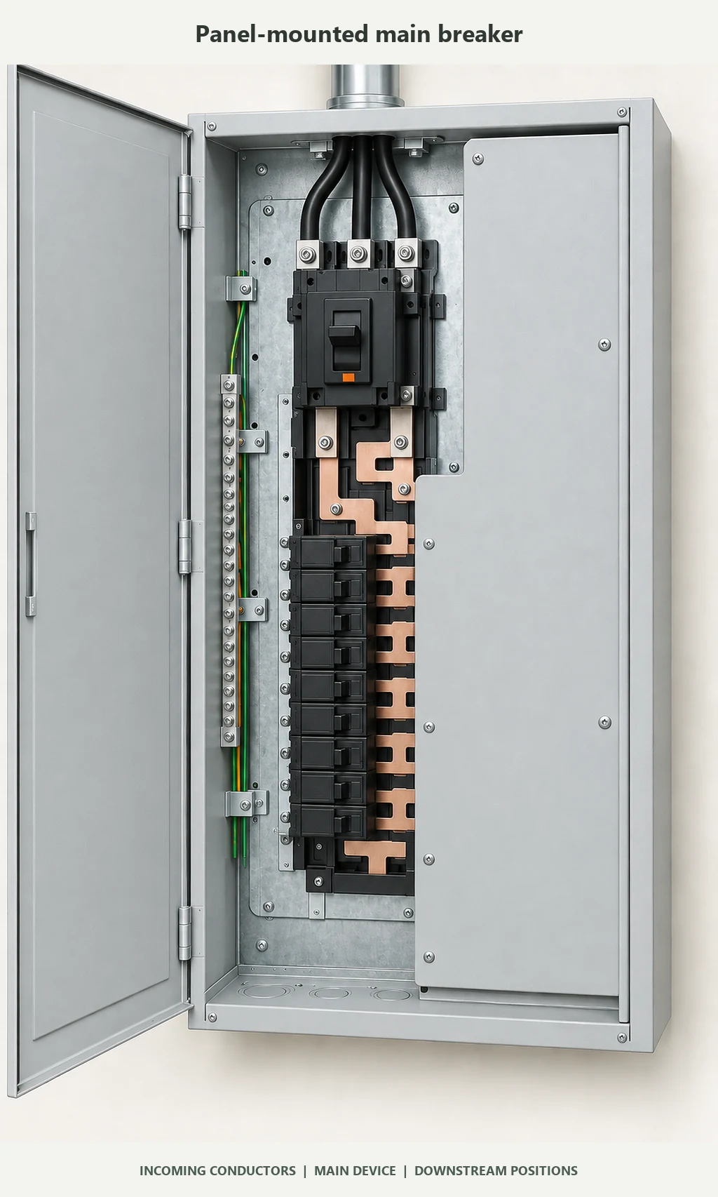 Open light-gray panel enclosure with a main breaker above the branch circuit positions