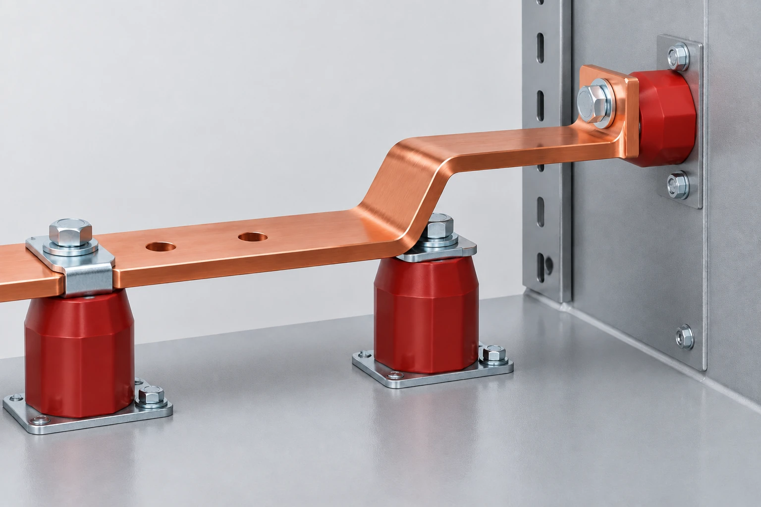 Bent rigid copper busbar supported by red insulators above the cabinet base and away from the steel wall