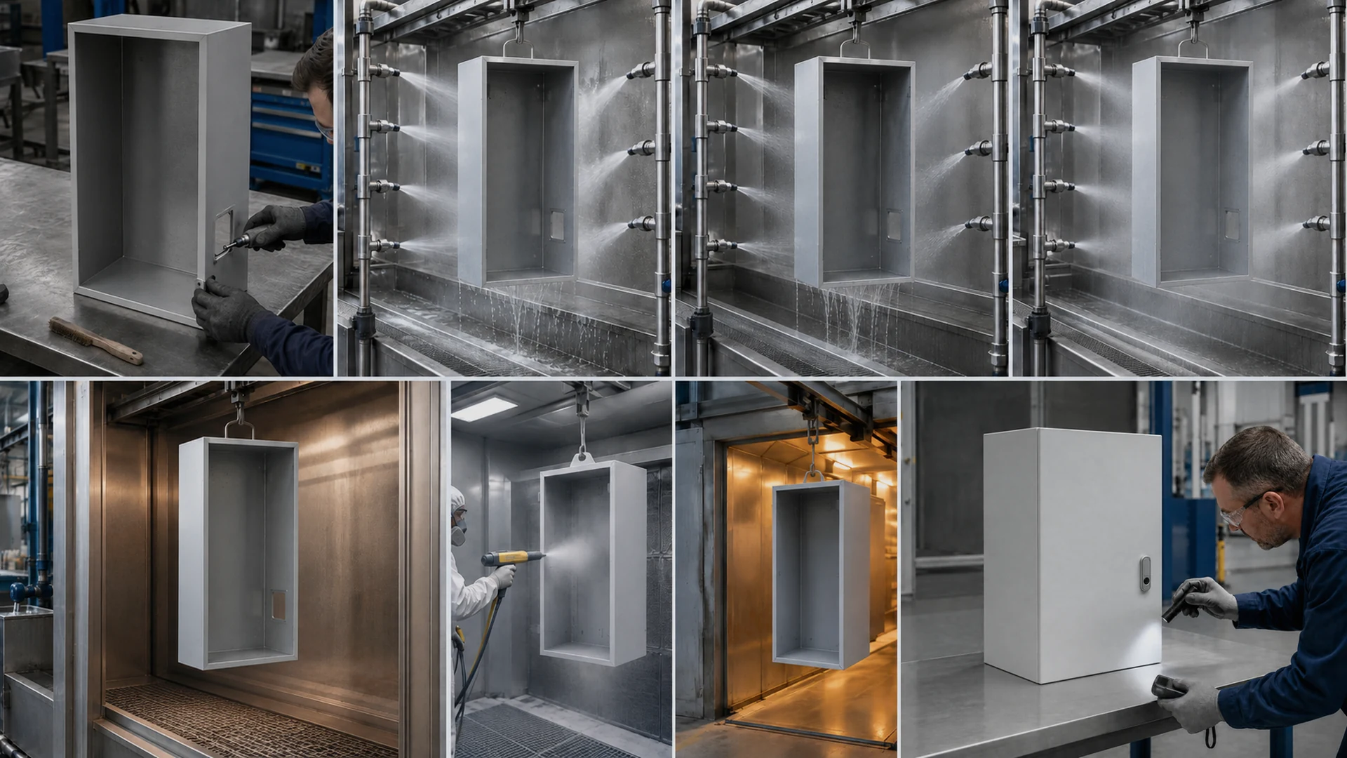 04-steel-enclosure-pretreatment-powder-coating-sequence Seven-stage pretreatment and powder-coating sequence for a fabricated steel enclosure