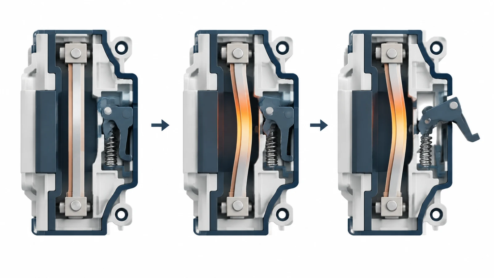 Thermal trip sequence showing a bimetal strip bending as it heats and releasing the breaker latch.