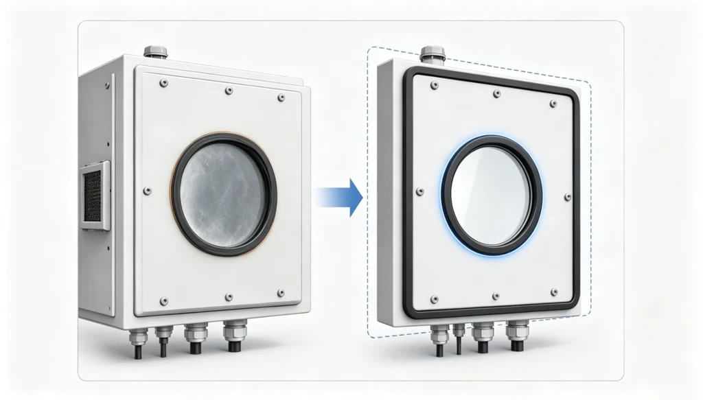 Technical illustration of an electrical enclosure RFQ review with a cutout drawing, viewing-window and fan components, gasket sample, edge sample, and measuring tools