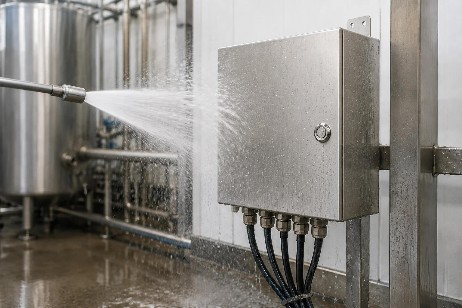 Metal electrical enclosure with sealed cable entries exposed to direct washdown spray in a processing area.