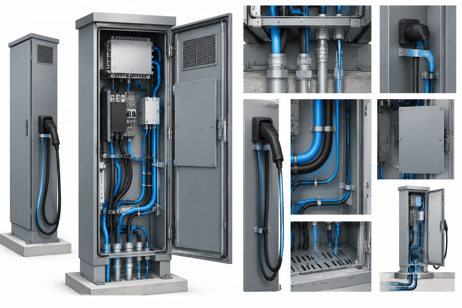 Illustrated EV charger cabinet cable-entry and internal routing examples
