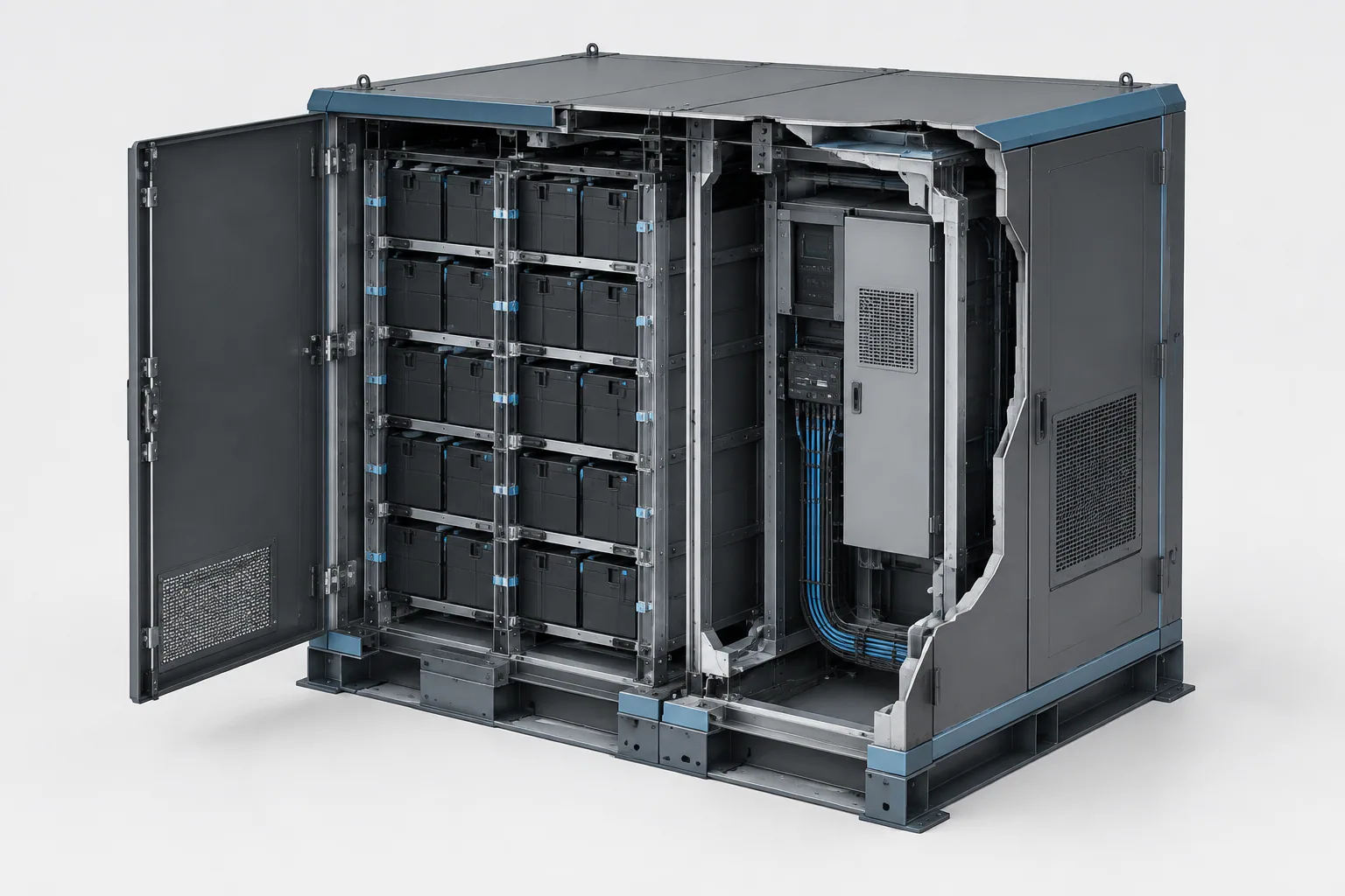 Cutaway battery cabinet showing rack support, modules, controls and cable space