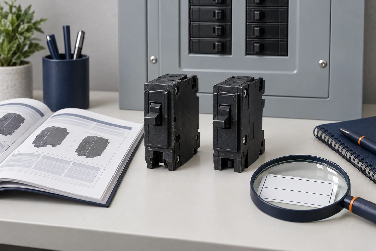 Two loose circuit breakers beside a panel, a product manual and a magnifying glass on a desk.