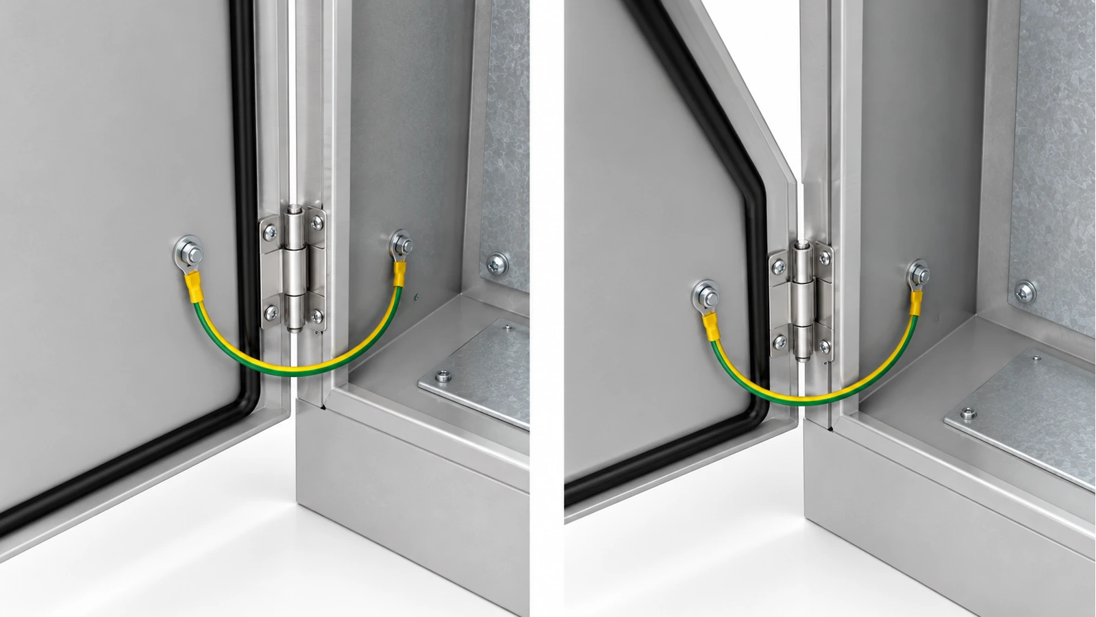 Two door positions showing the route of an illustrative flexible door-to-body bonding lead.
