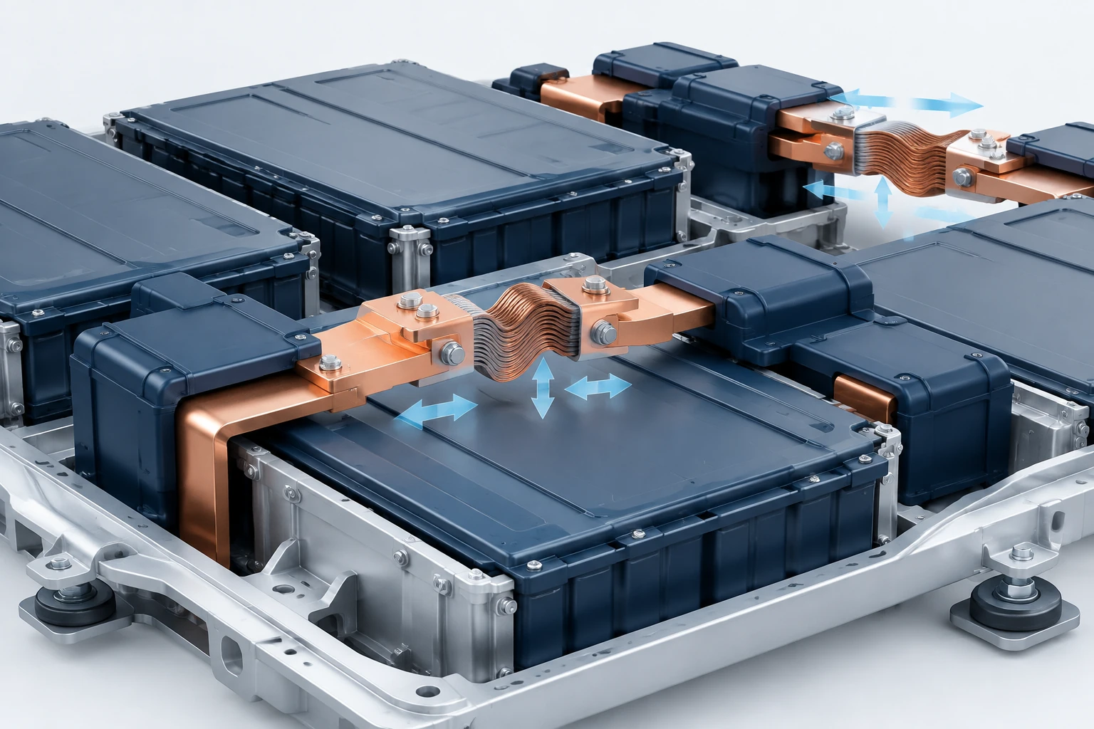 Illustration of copper interconnections between battery modules with arrows indicating movement