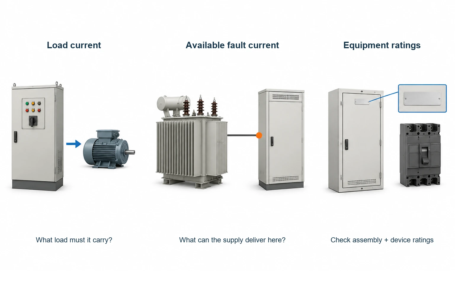 Three illustrations separating normal load, available fault current at a location, and assembly and breaker ratings.