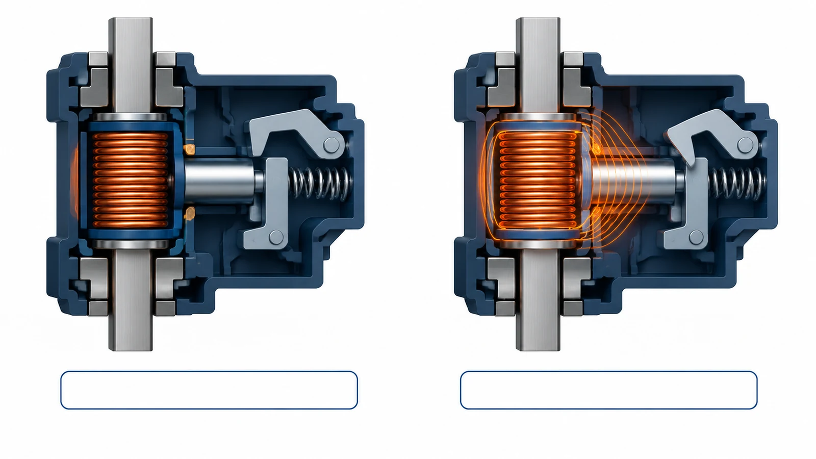 Magnetic trip mechanism showing an electromagnetic coil, plunger, and release latch.
