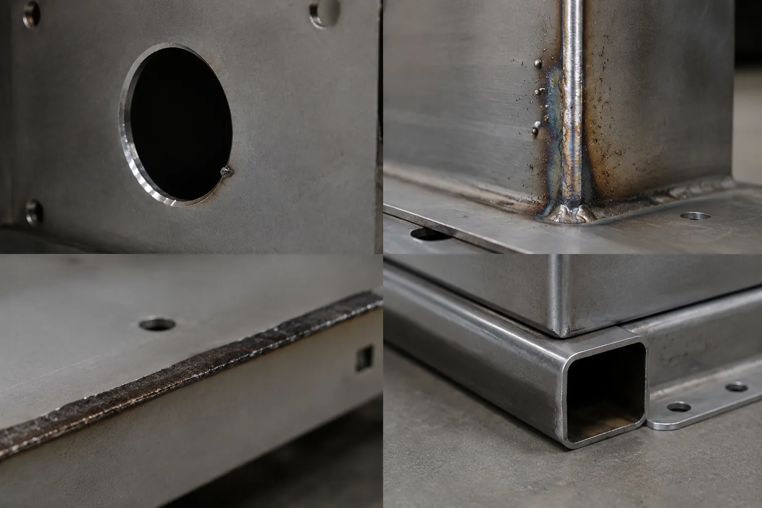 05-steel-enclosure-burr-weld-spatter-laser-edge Raw steel enclosure details showing a burr, weld spatter, laser-cut oxide, and a liquid-trapping fold