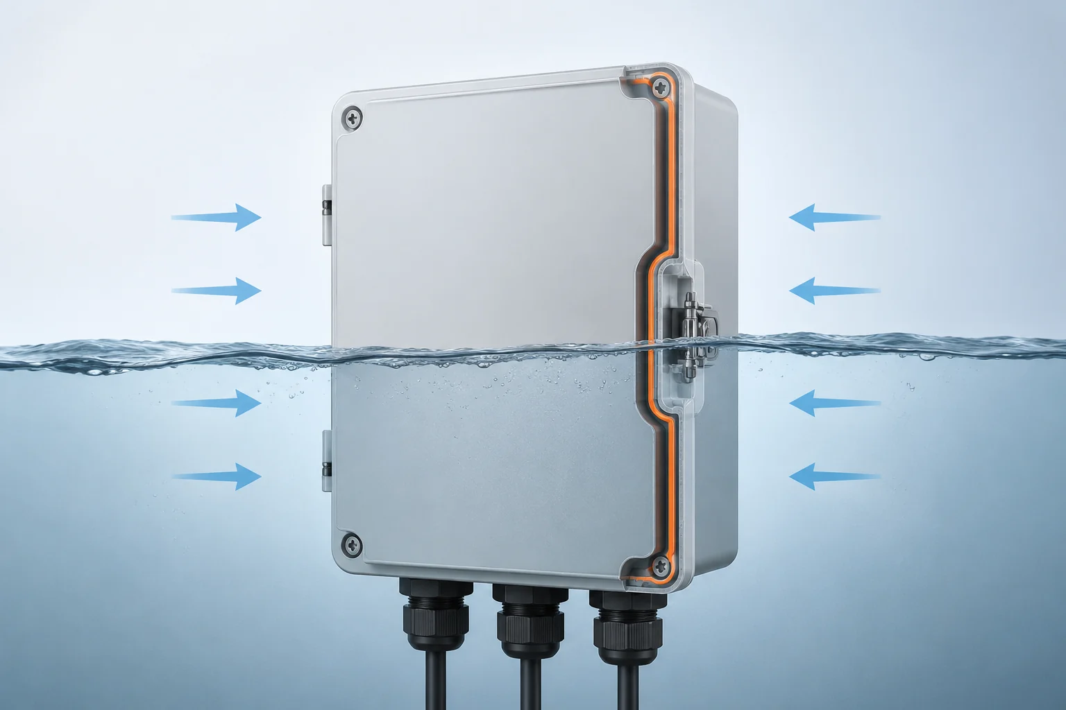 Cutaway diagram of an enclosure under temporary immersion, showing the perimeter gasket and bottom cable glands.