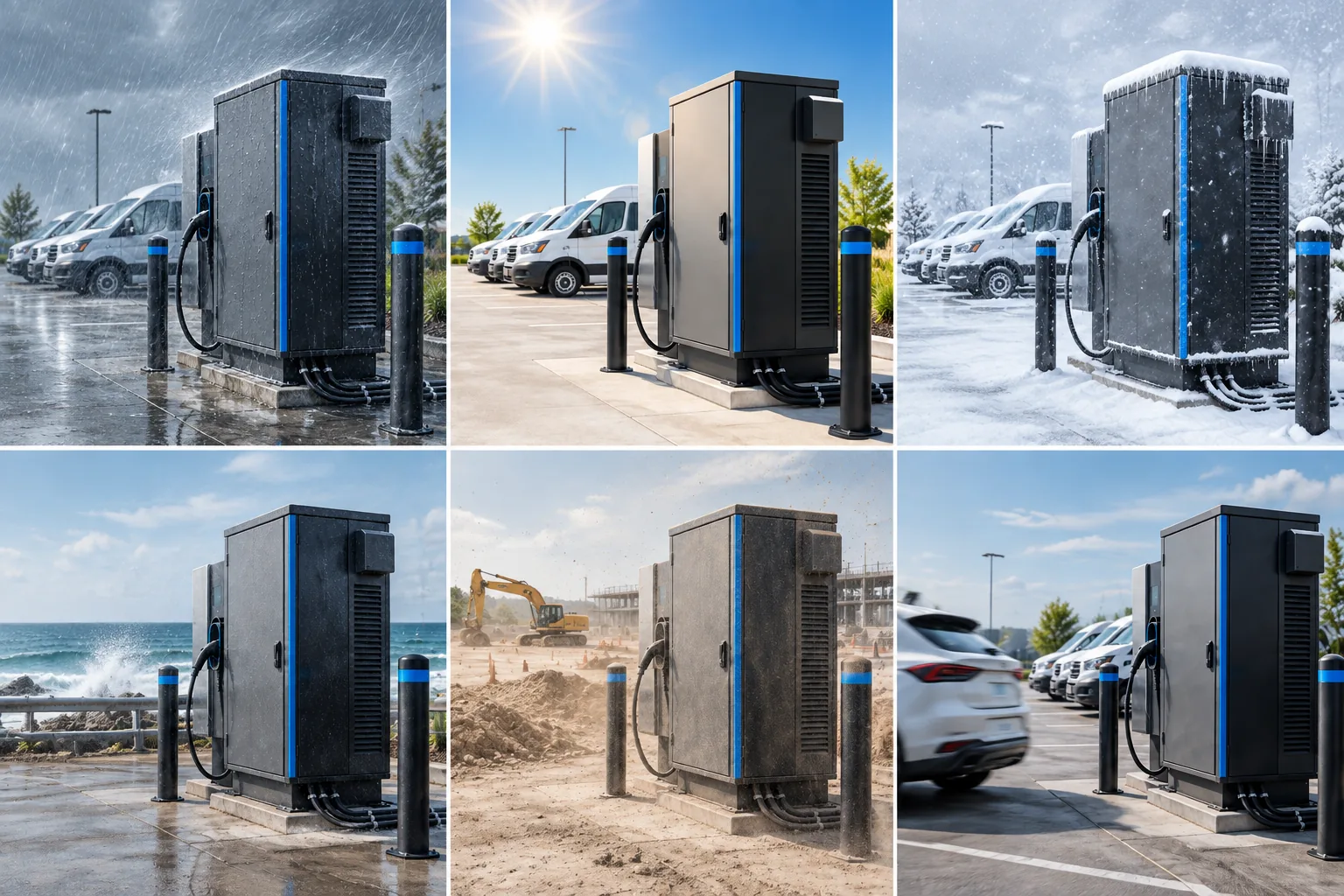 Outdoor EV charging cabinet exposure to rain, sun, snow, coastal air, dust, and vehicles