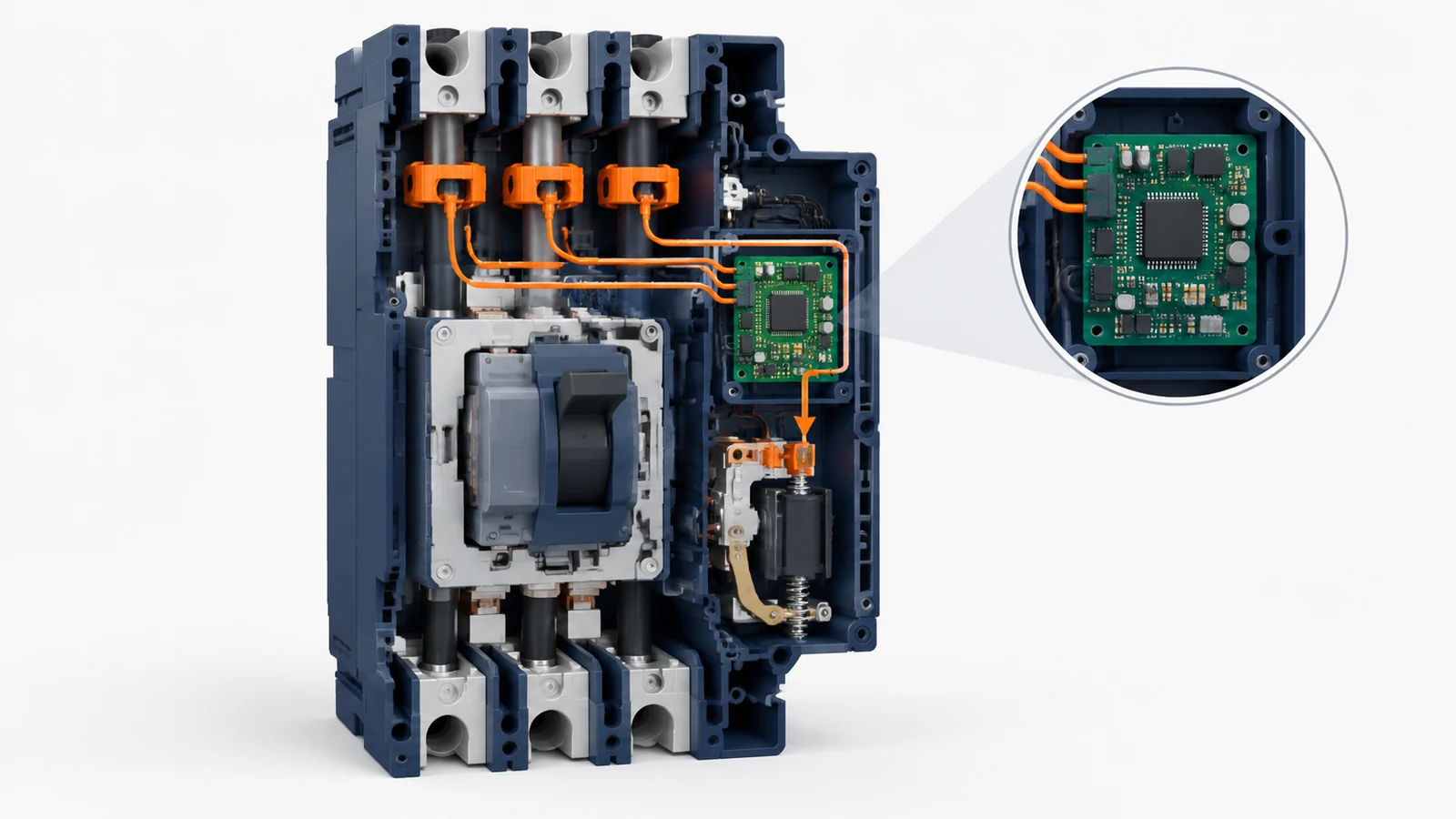 Cutaway of an electronic circuit breaker showing current sensors, a control board, and the trip mechanism.