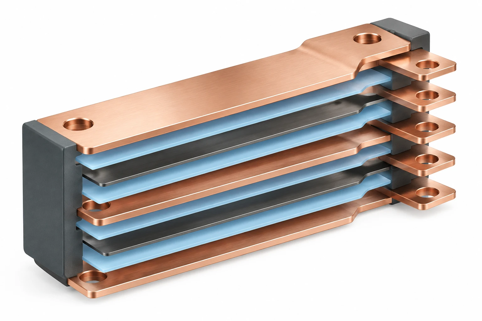 Cutaway illustration of a laminated busbar with stacked copper conductors separated by insulating layers