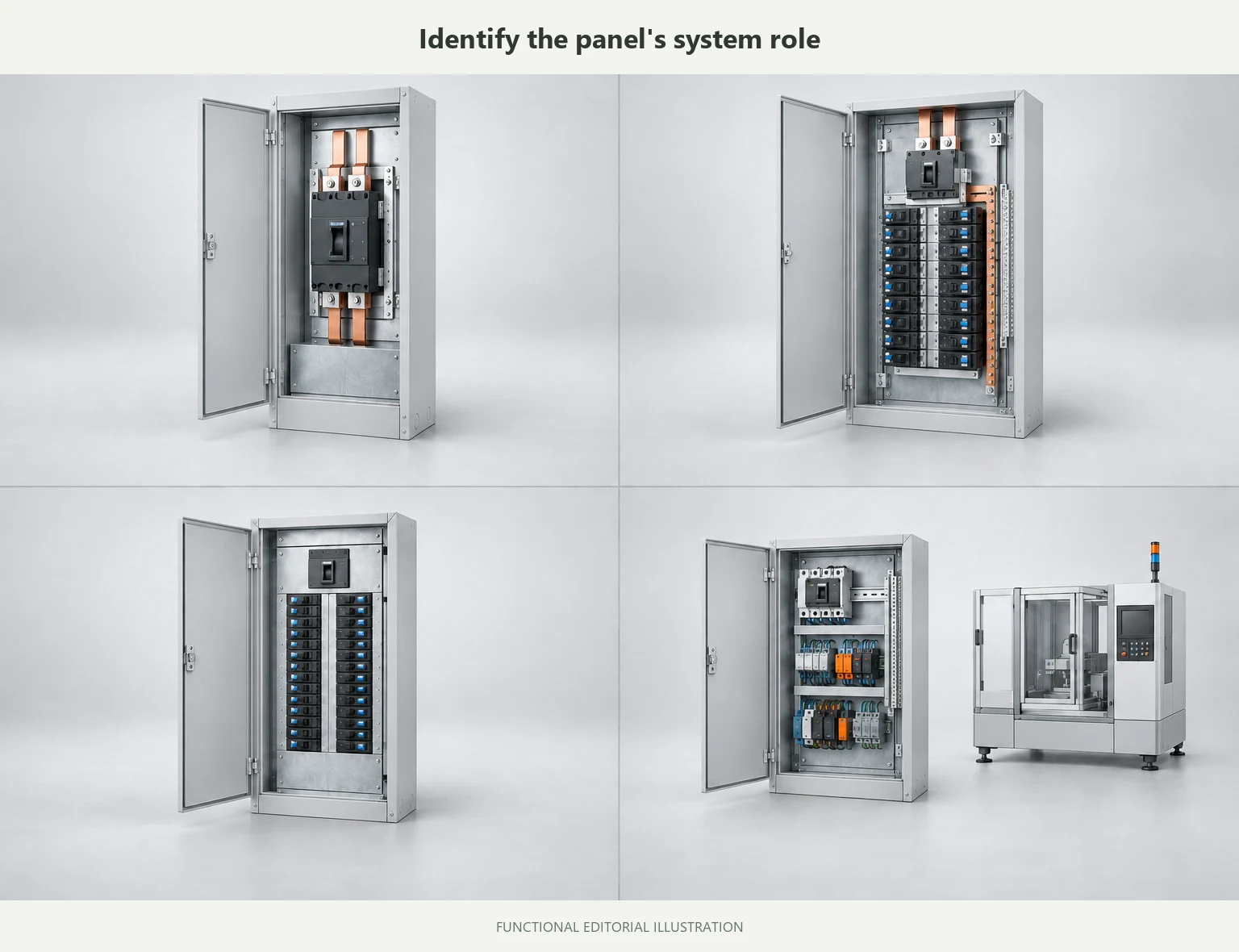 Four separate examples of service equipment feeder panel subpanel and OEM equipment roles