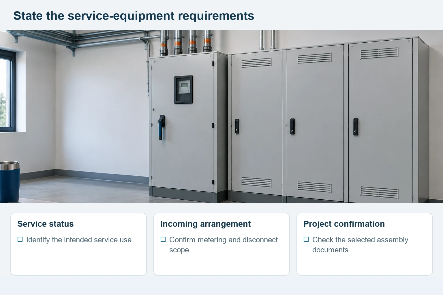 Closed distribution cabinets above a checklist for service status, incoming arrangement and project-document confirmation.