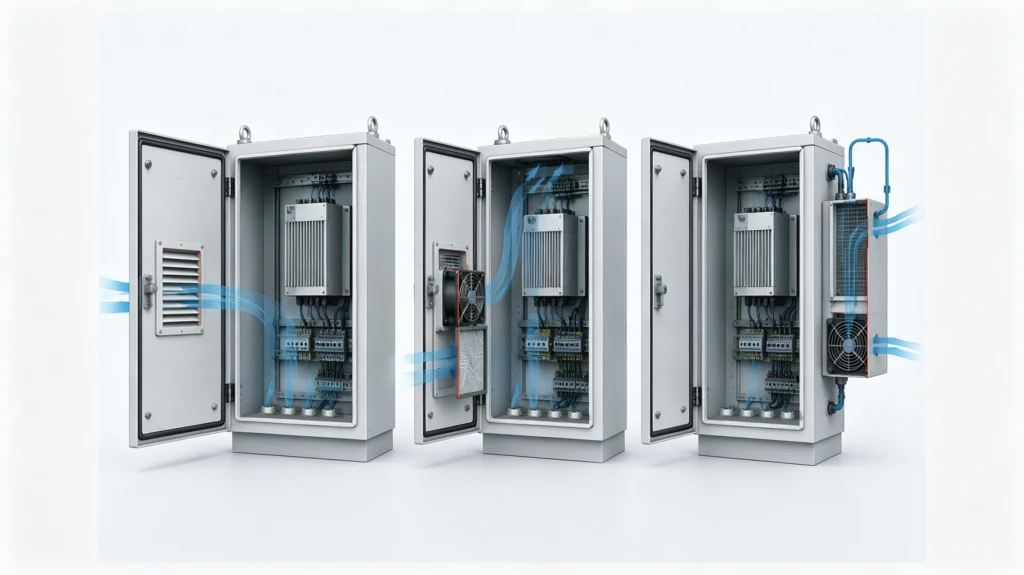 Technical illustration comparing restricted airflow and an exposed filter with separated airflow and a protected filter in battery enclosures