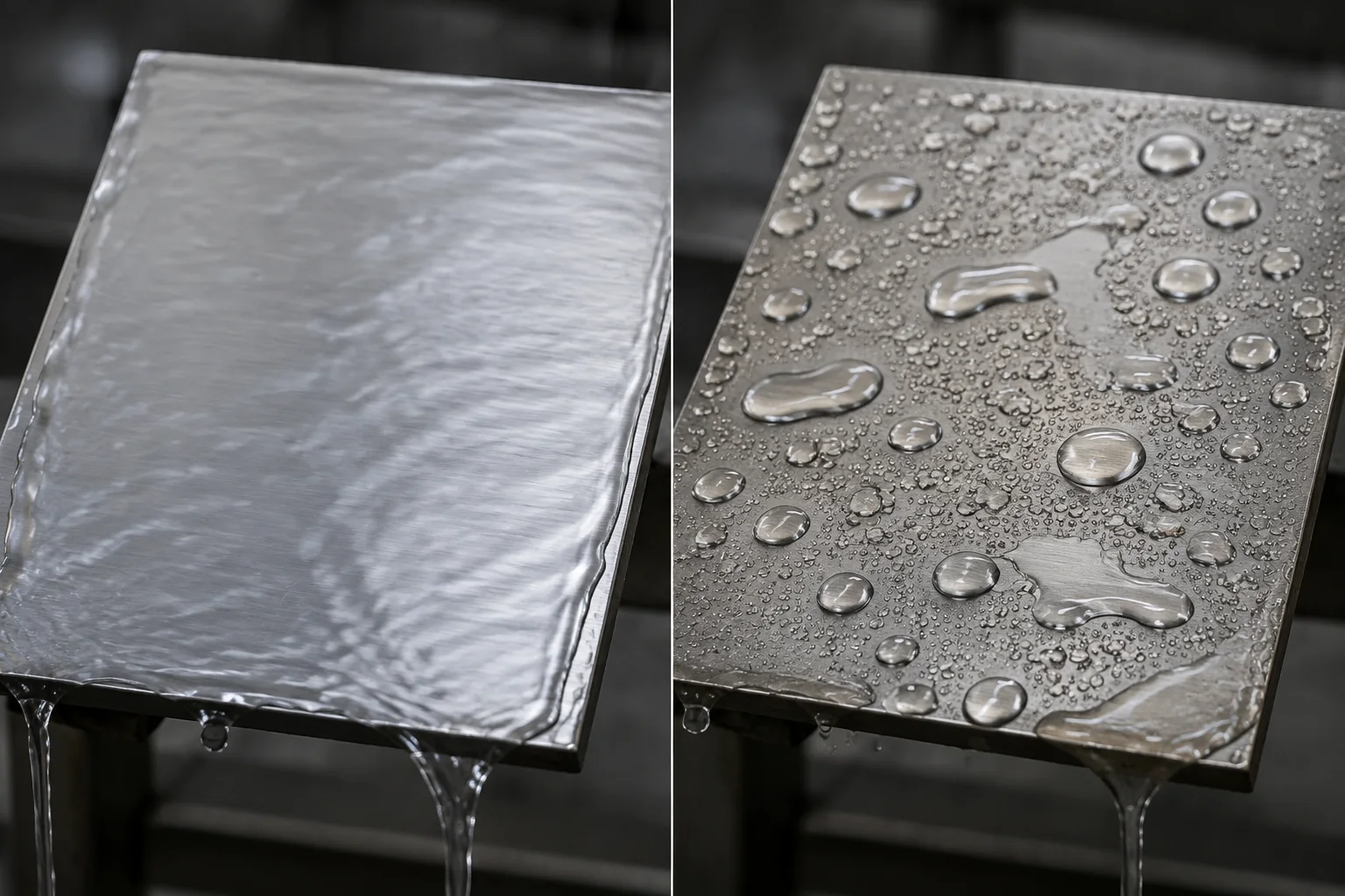 06-water-break-free-steel-cleaning-check Comparison of a clean steel panel with a continuous water film and a contaminated panel with water beading