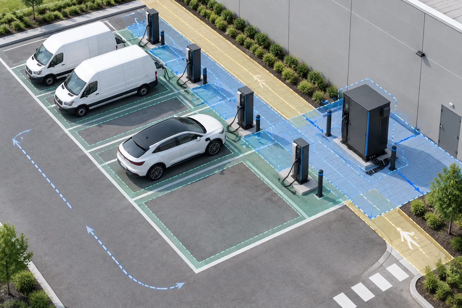 Illustrated EV charging site layout with cabinet, parking bays, bollards, and service access