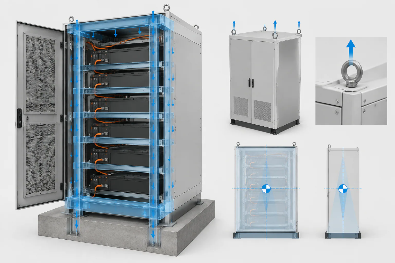 Battery cabinet load path from populated rack to base and site anchors