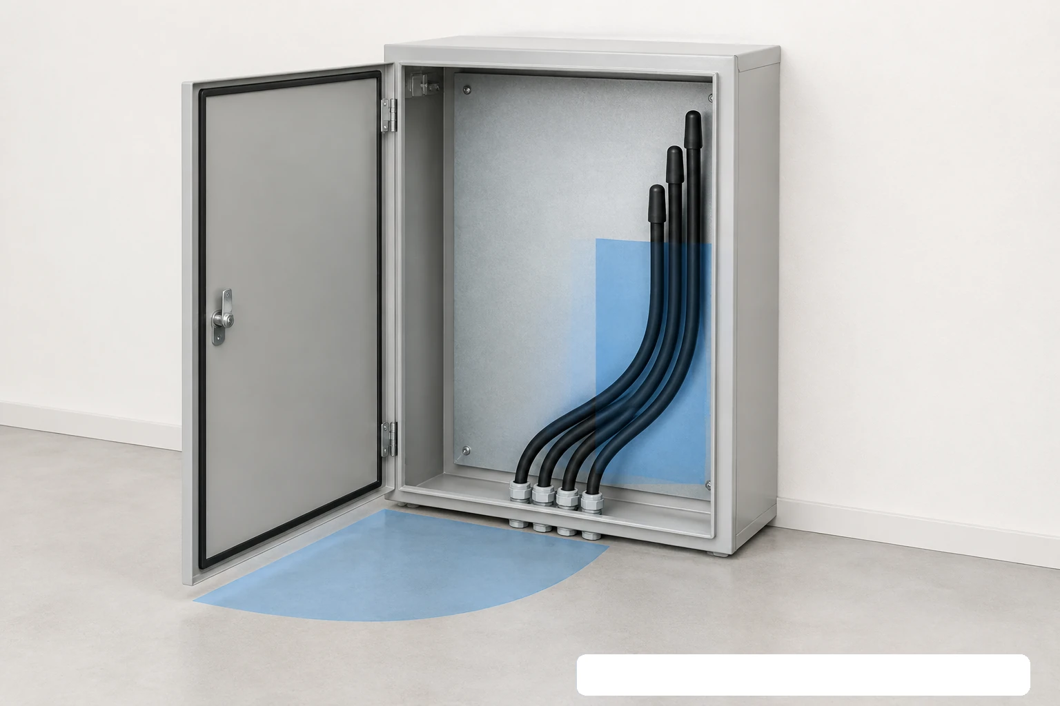 Enclosure mock-up with capped cable samples and highlighted cable-bend and door-swing areas.
