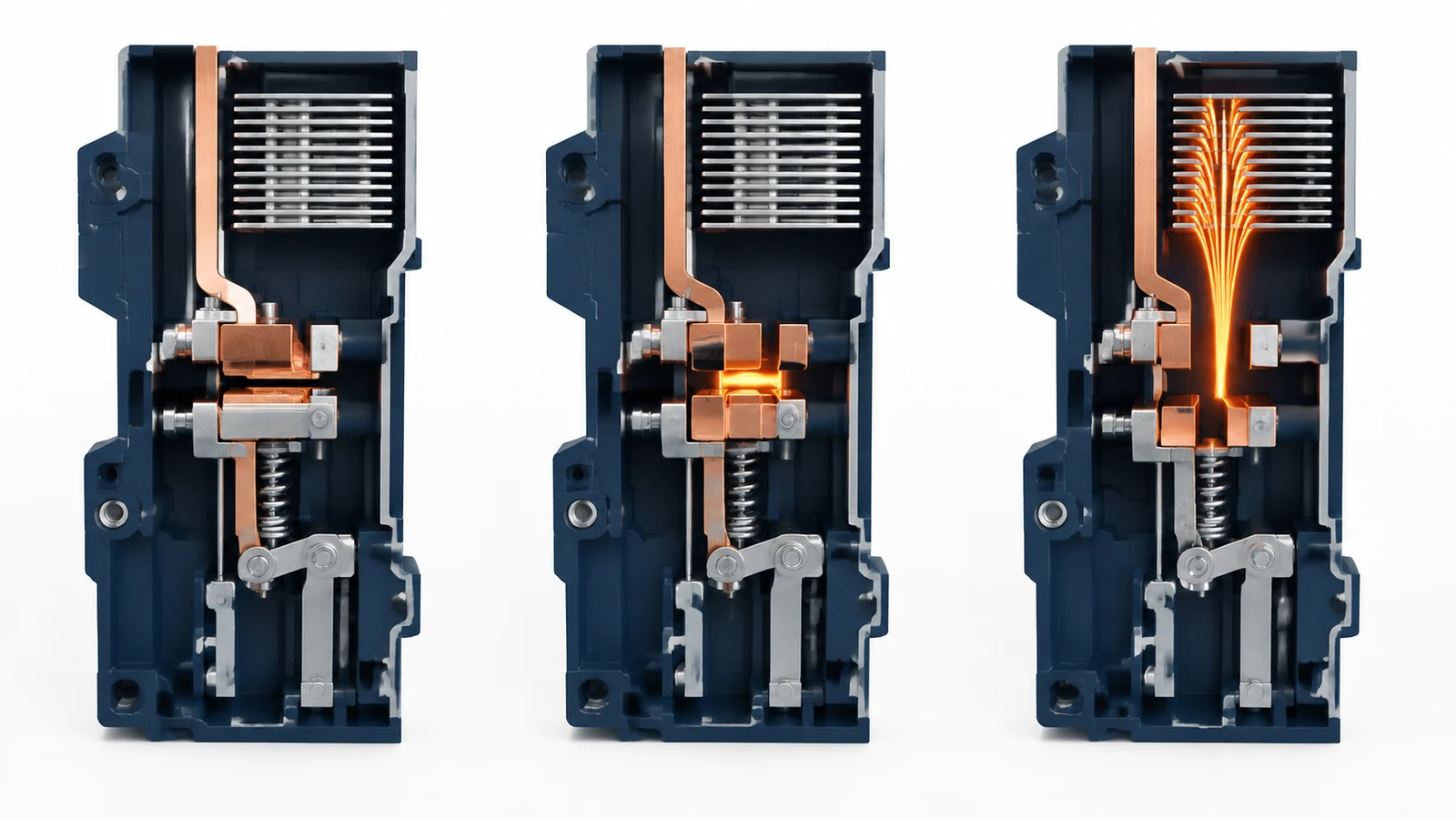 Circuit breaker sequence showing closed contacts, contact separation, and an arc entering the arc chute.