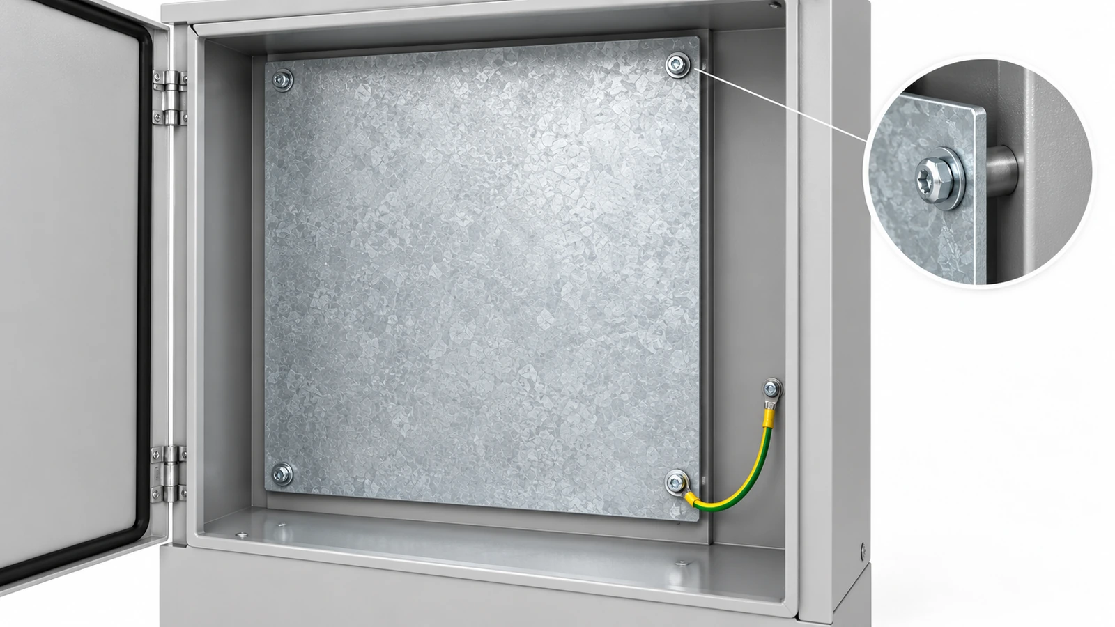 Mounting plate with visible supports and an illustrative separate plate-to-body bonding connection.