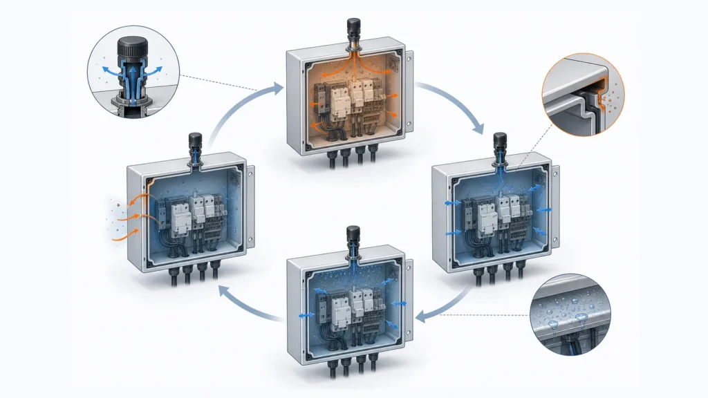 Technical illustration comparing three electrical enclosure cooling boundaries: open ventilation, filtered fan airflow, and closed-loop cooling