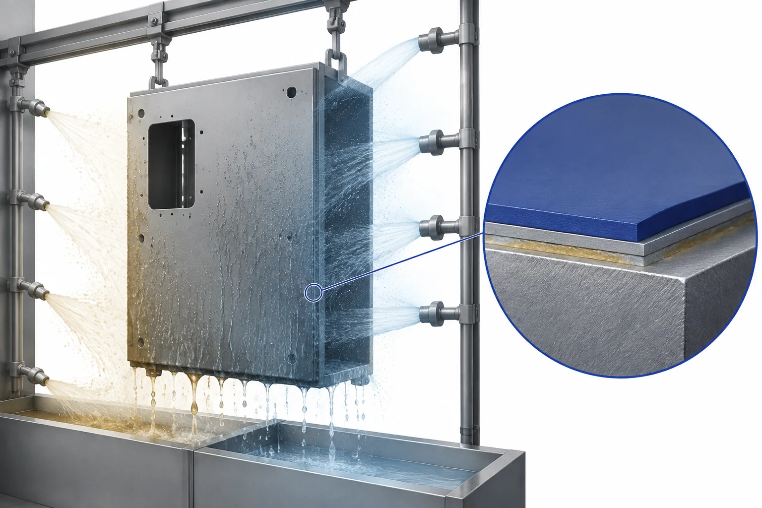 07-pretreatment-rinse-carryover-steel-enclosure Steel enclosure rinsing process with a cutaway showing residue trapped beneath the conversion layer and powder coating