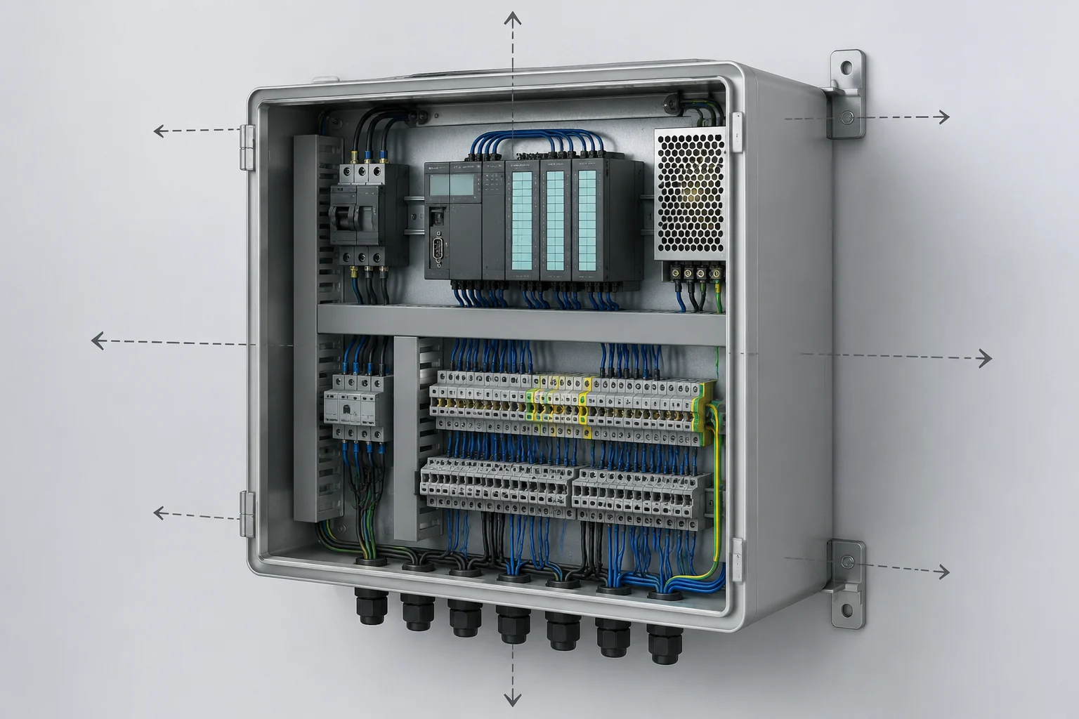 Open electrical enclosure showing DIN-rail components, wiring, internal clearances, and bottom cable entries.