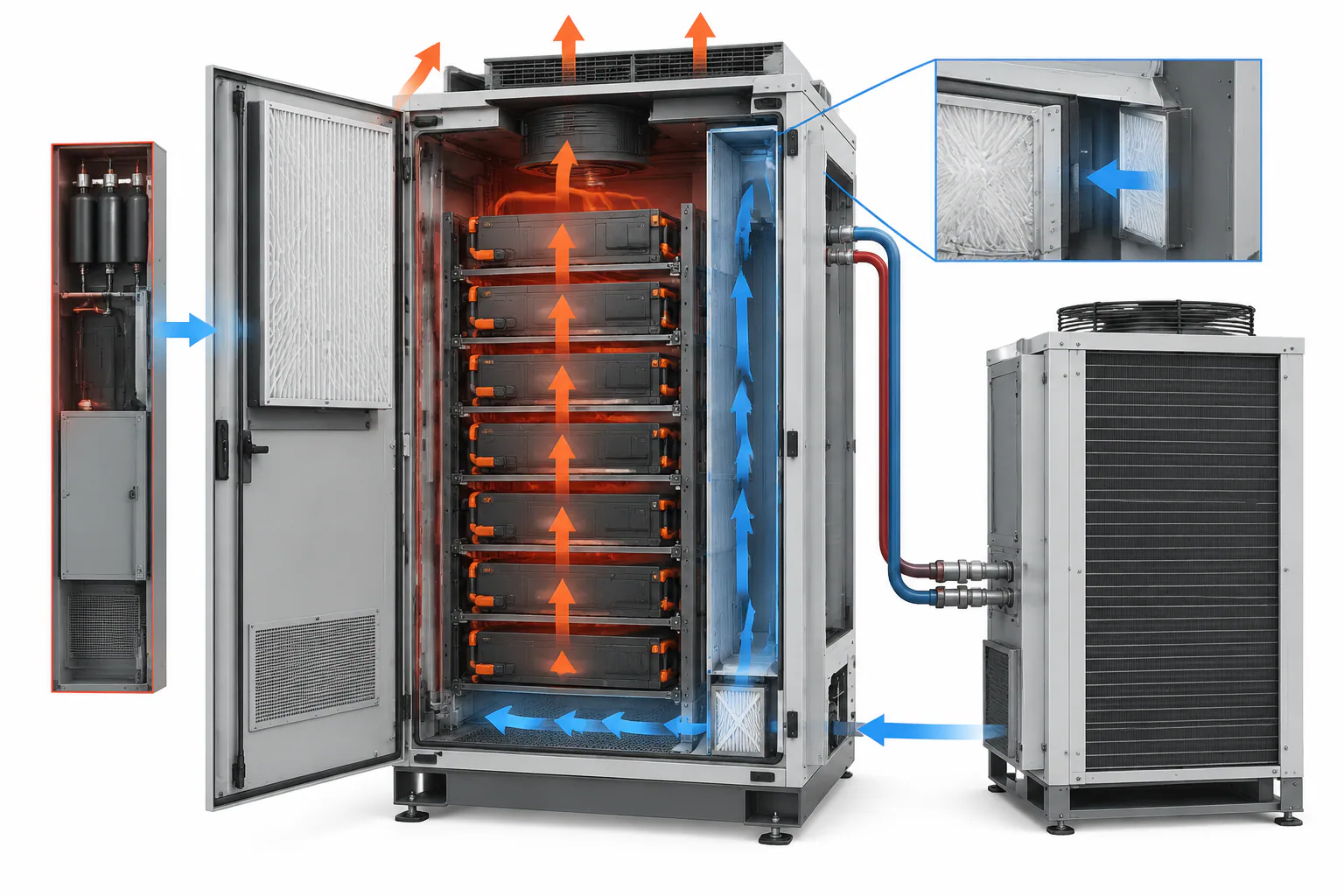 Battery cabinet heat dissipation paths with ventilation and closed-loop cooling options