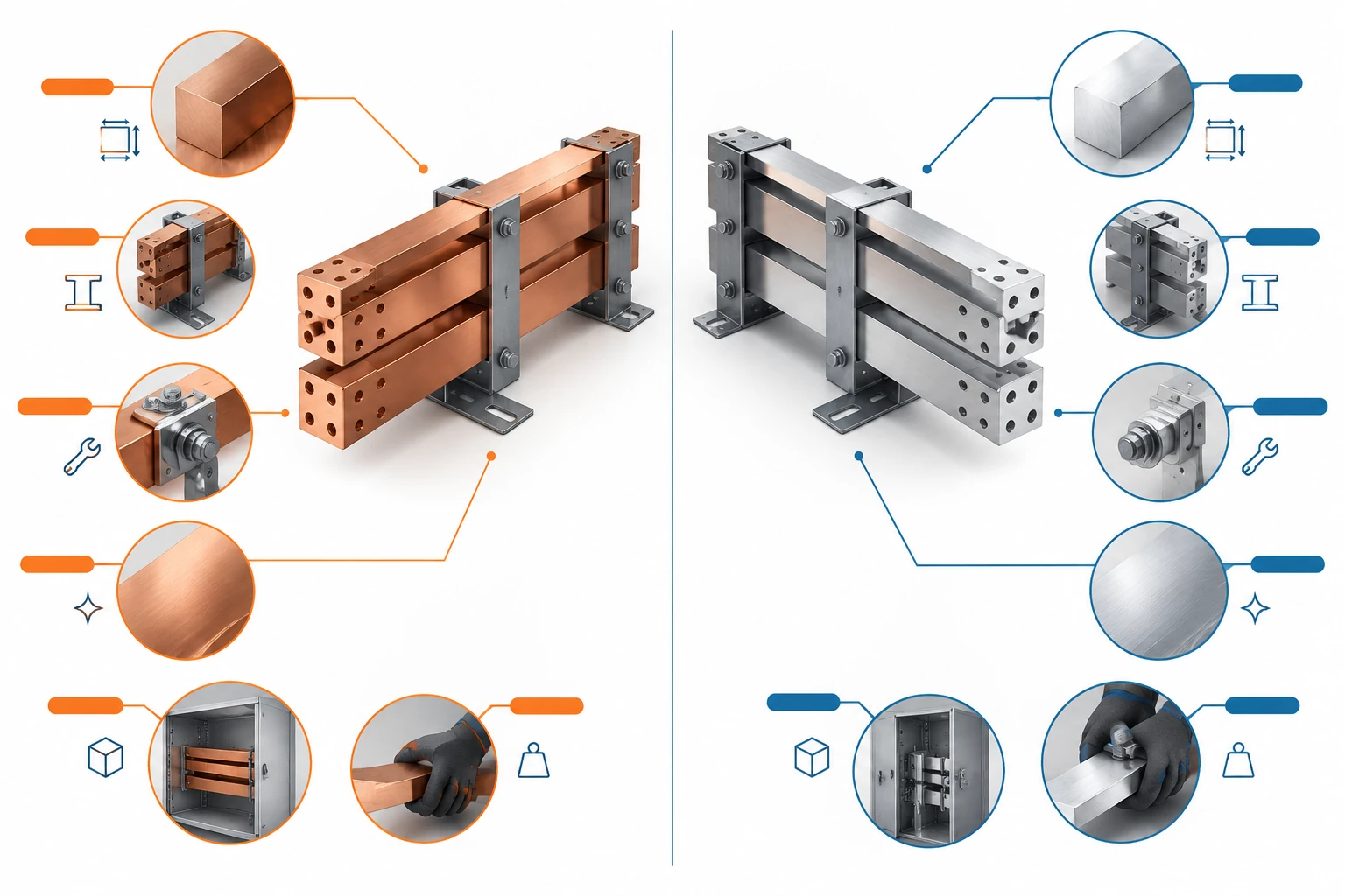Side-by-side illustration of copper and aluminum busbar assemblies and material details
