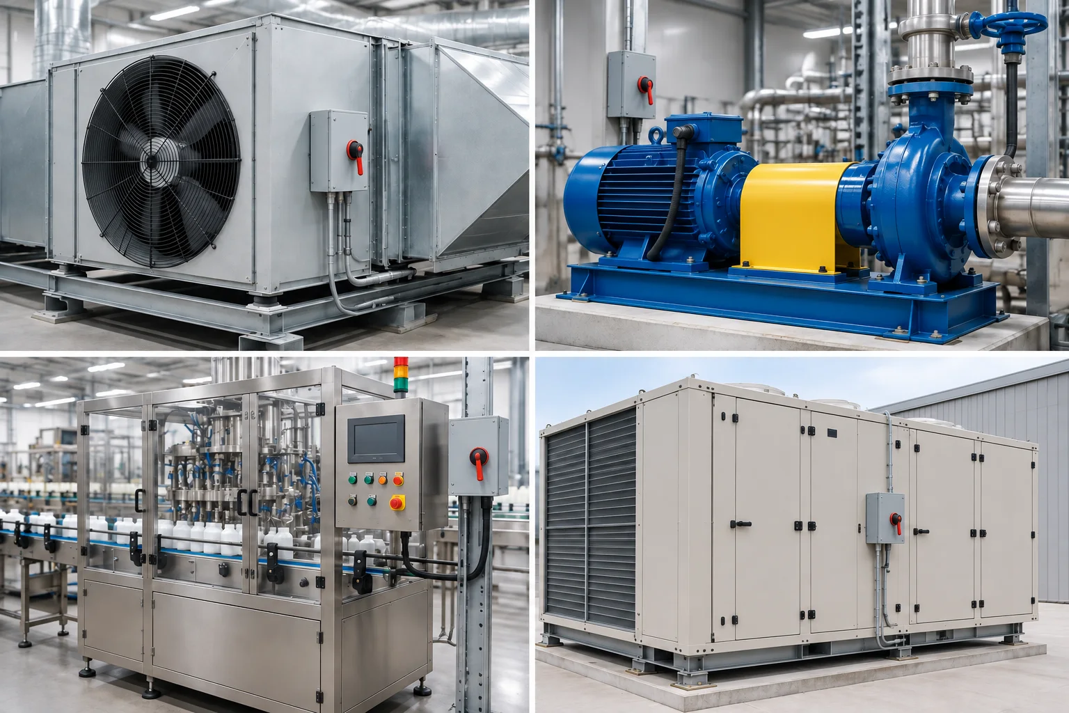Illustrated local disconnects serving HVAC equipment, a guarded pump drive, and a production machine