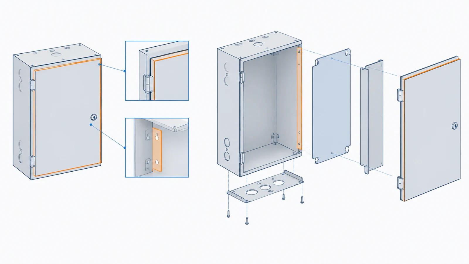 Assembled and exploded enclosure views showing the door, body, mounting plate, partition, and cable-entry plate.