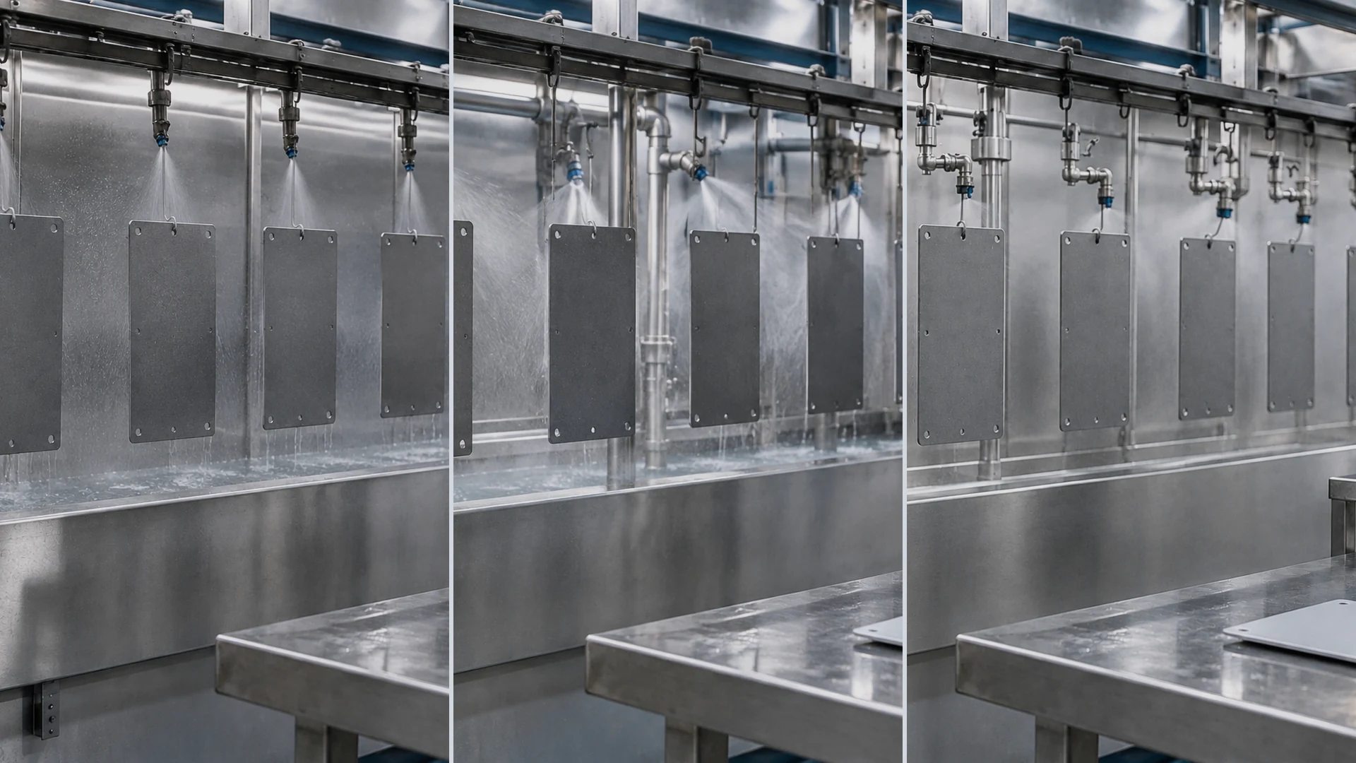 08-iron-zinc-phosphate-zirconium-pretreatment-comparison Three controlled pretreatment routes for powder-coated steel shown in a side-by-side process comparison