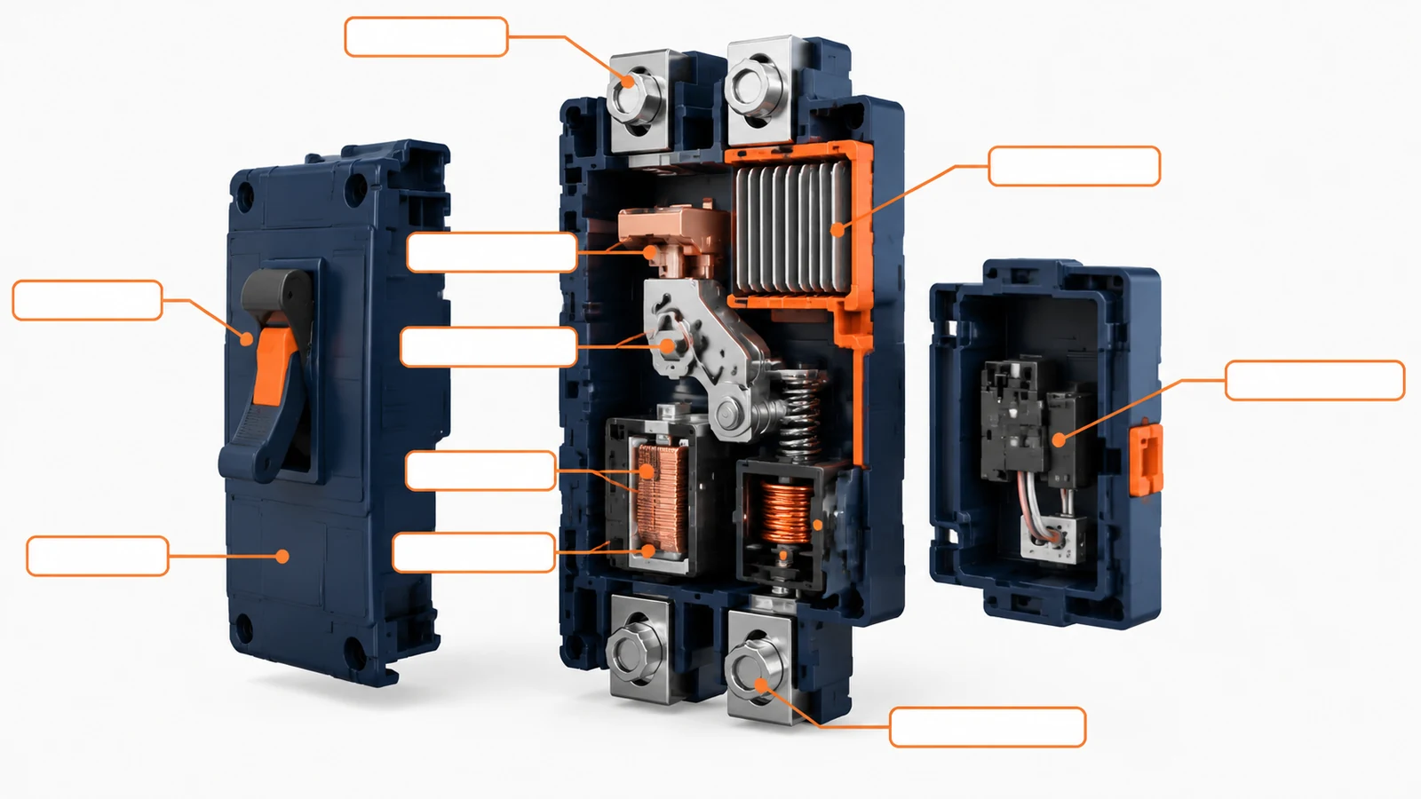 Exploded cutaway of a molded-case circuit breaker showing its housing, contacts, trip mechanism, and arc chute.