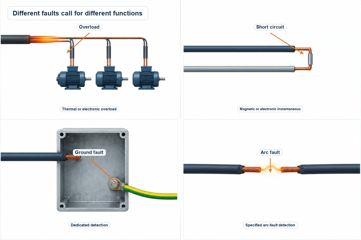 Four conceptual diagrams comparing overload, short circuit, ground fault, and arc fault.