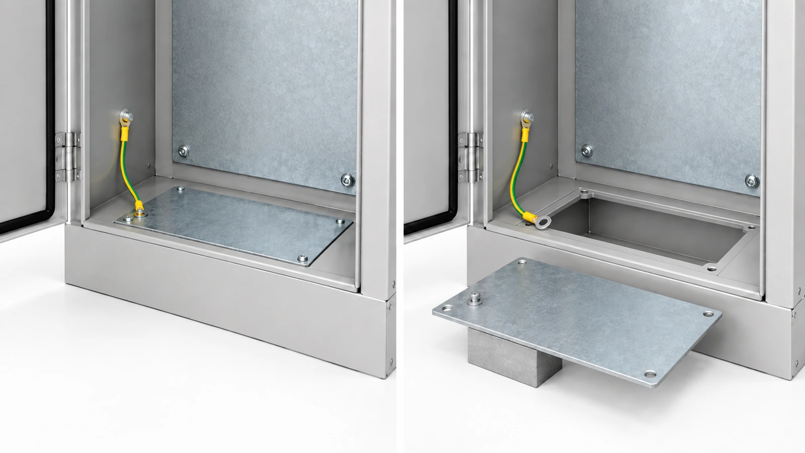 Removable gland plate shown installed and mechanically supported after removal, with its bonding interface identified.