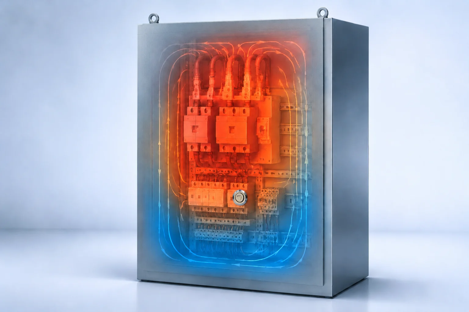 Conceptual visualization of heat buildup and airflow paths inside a sealed electrical enclosure.