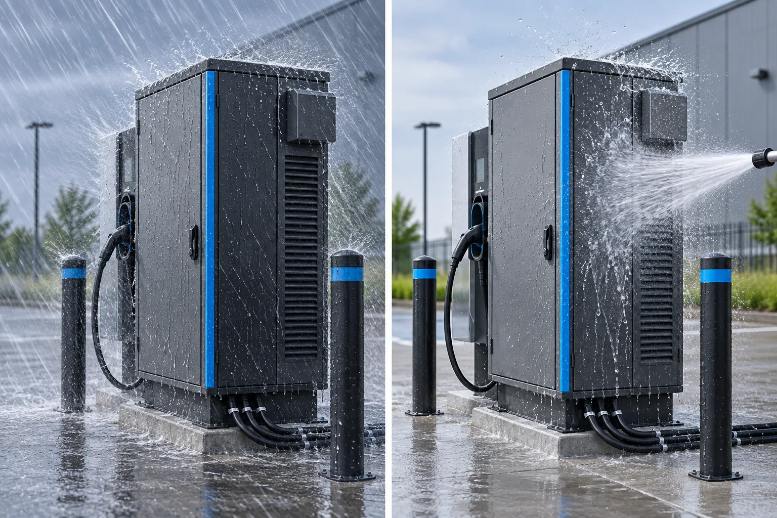 Illustration comparing enclosure exposure to heavy rain and directed water spray