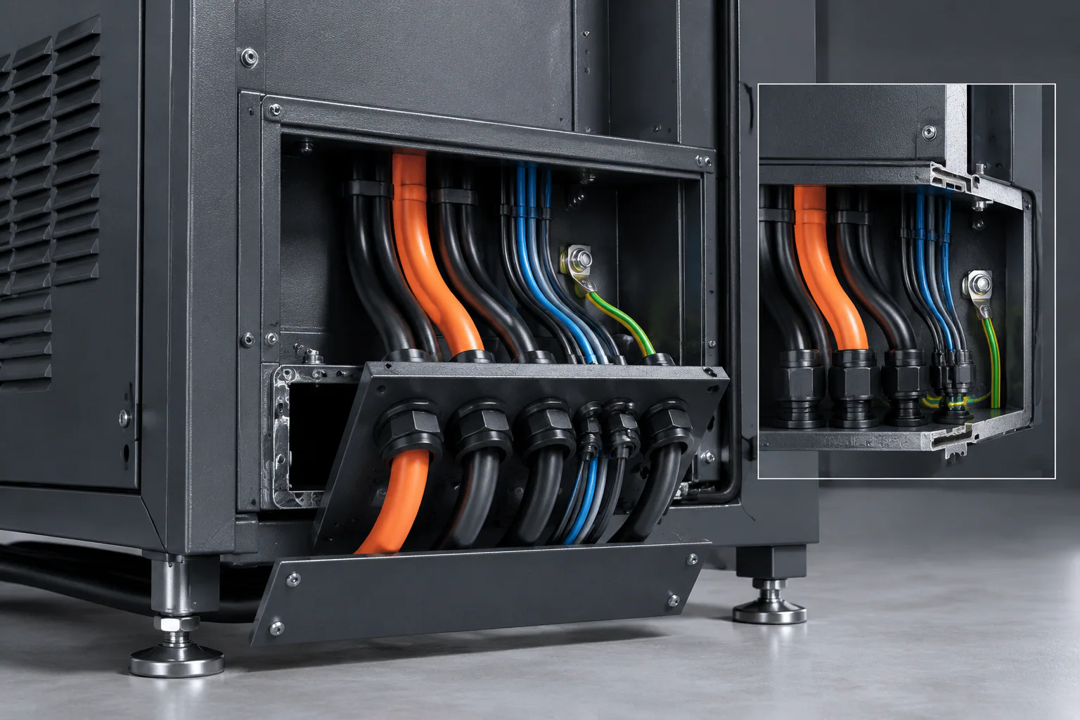Battery cabinet cable-entry plate with glands, bend space and removable panel