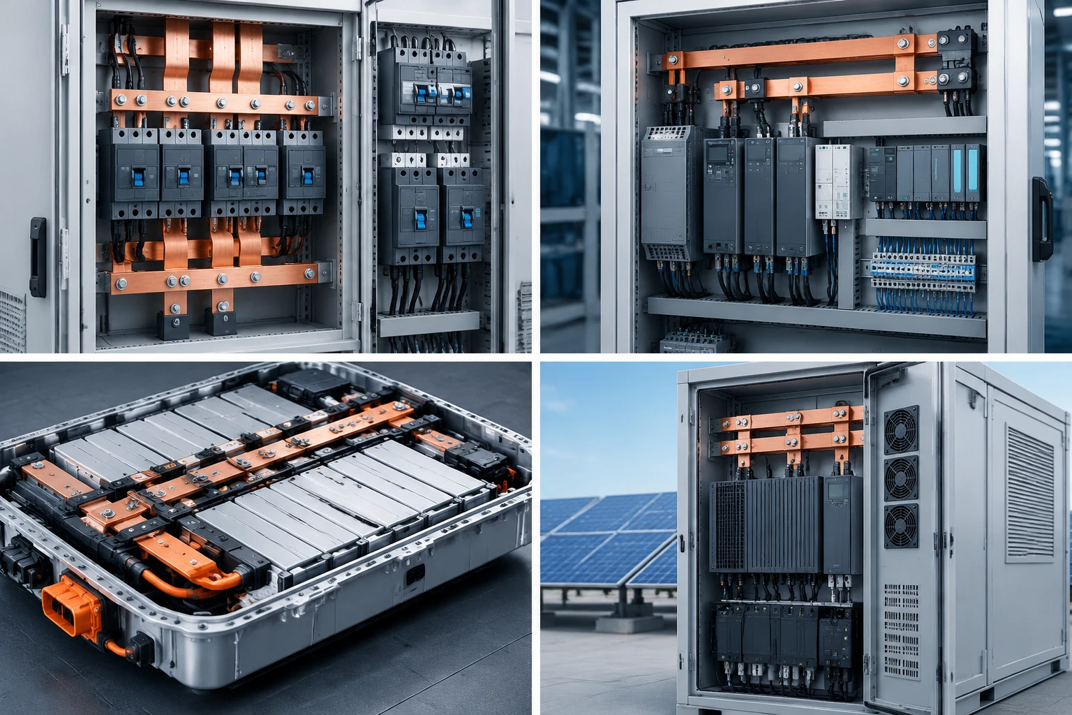 Illustrated busbar applications in distribution equipment, industrial controls, batteries and energy systems