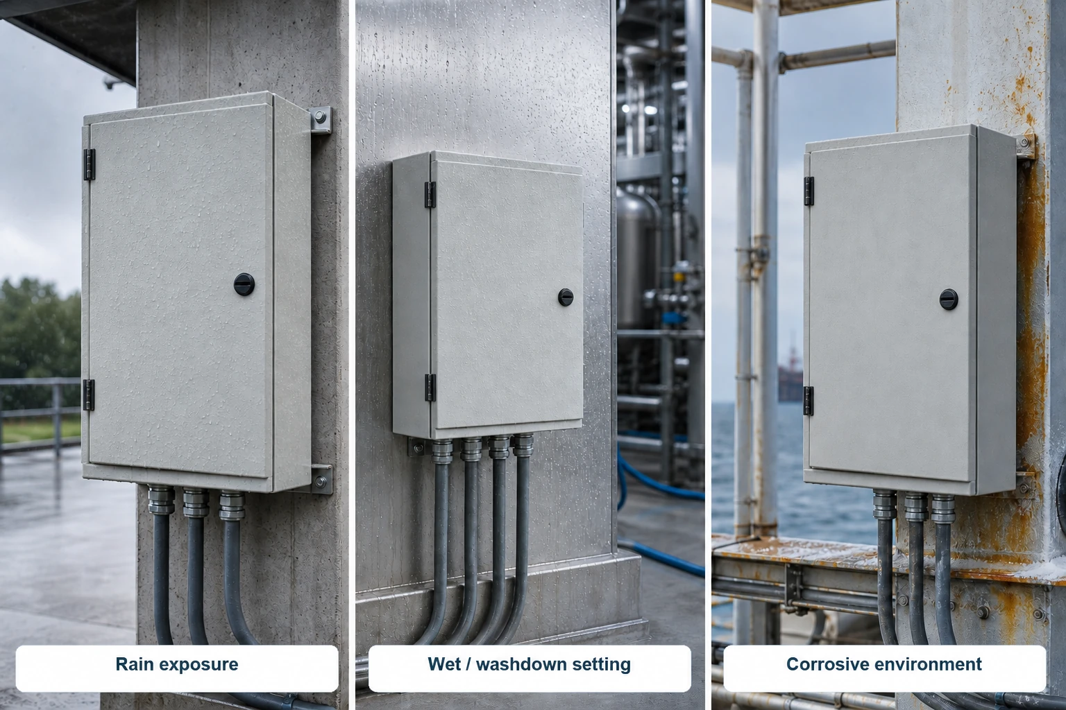 Three enclosure illustrations in rain, a wet washdown setting and a corrosive environment, each with left hinges and a right-side latch.