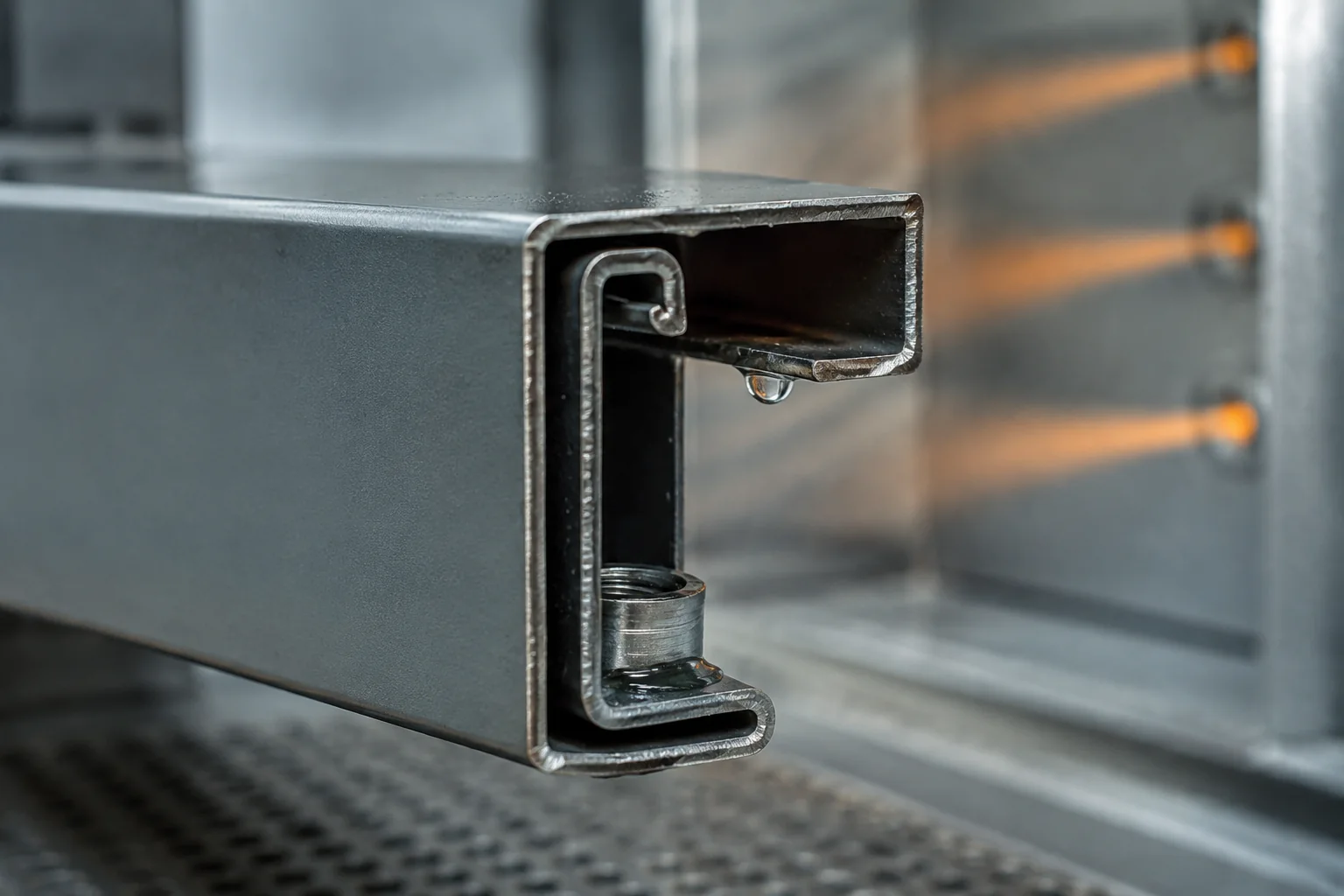 09-enclosure-seam-trapped-water-before-powder-coating Water droplet trapped inside a folded enclosure seam before powder coating